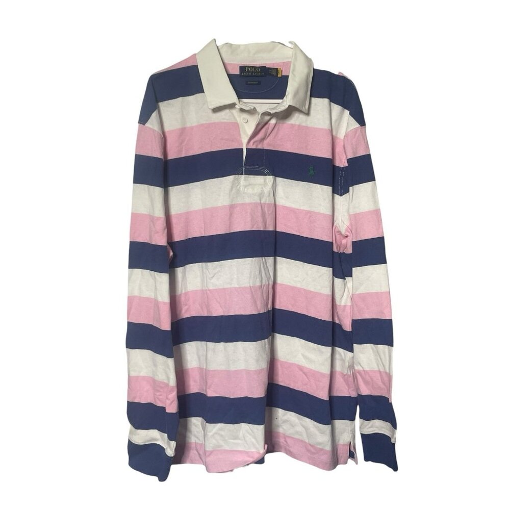 Polo Ralph Lauren Iconic Rugby Shirt Men’s XXL Pink Navy Blue Cotton Jersey